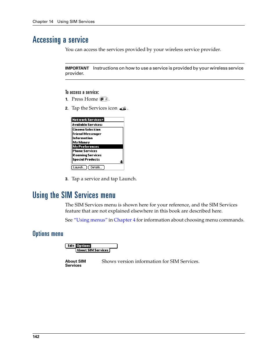 Accessing a service, Using the sim services menu, Options menu | Accessing a service using the sim services menu | Palm Tungsten W User Manual | Page 156 / 428