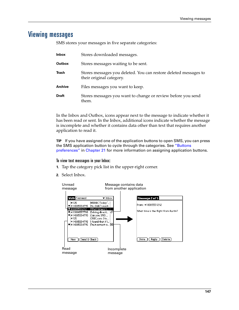 Viewing messages | Palm Tungsten W User Manual | Page 161 / 428