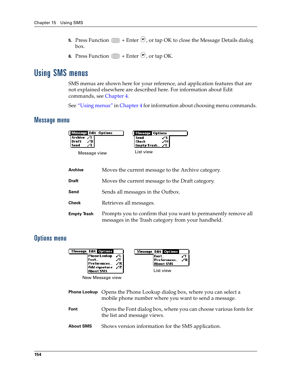 Using sms menus, Message menu, Options menu | Message menu options menu, Using, Sms menus | Palm Tungsten W User Manual | Page 168 / 428