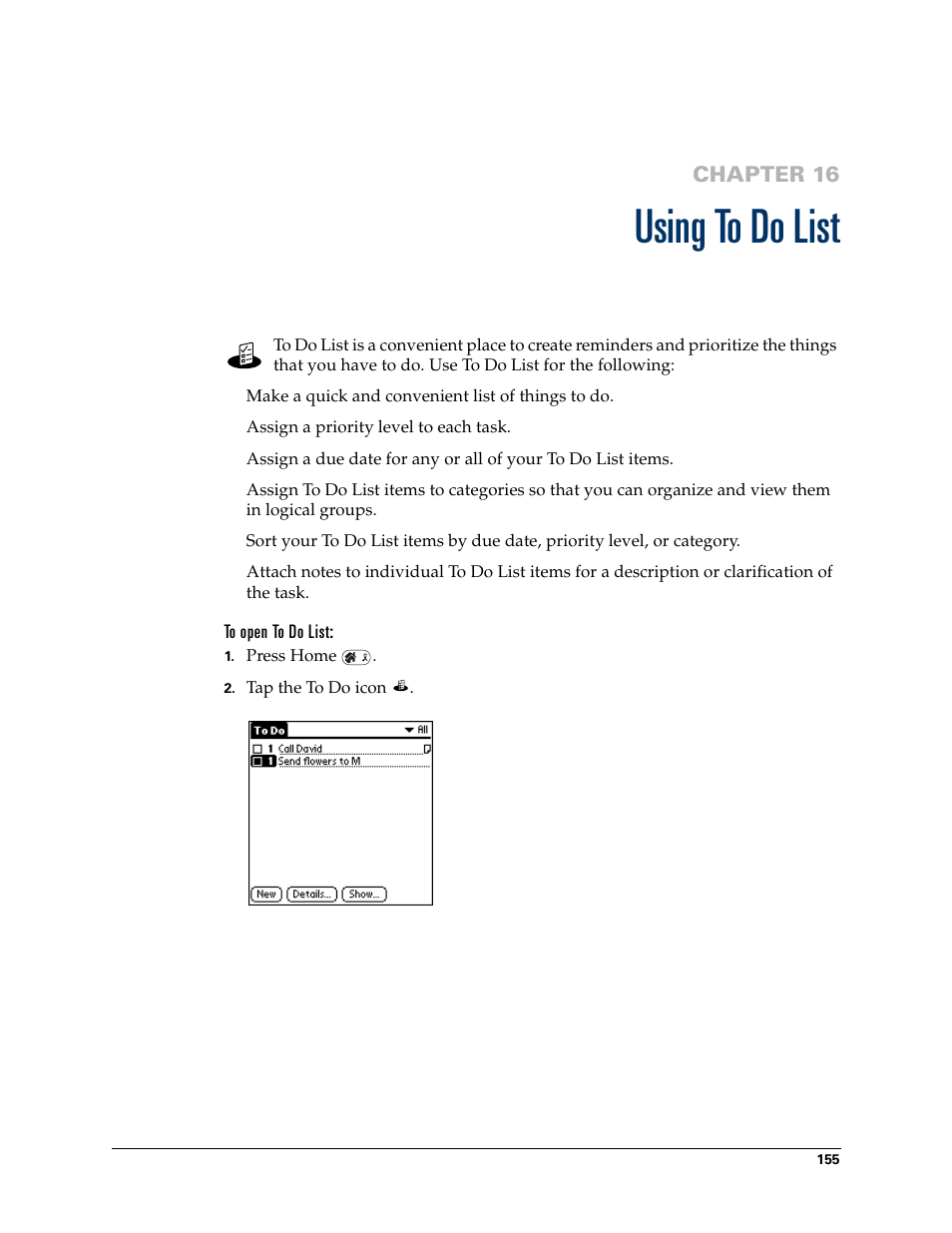 Using to do list, Chapter 16: using to do list, Chapter 16 | Palm Tungsten W User Manual | Page 169 / 428