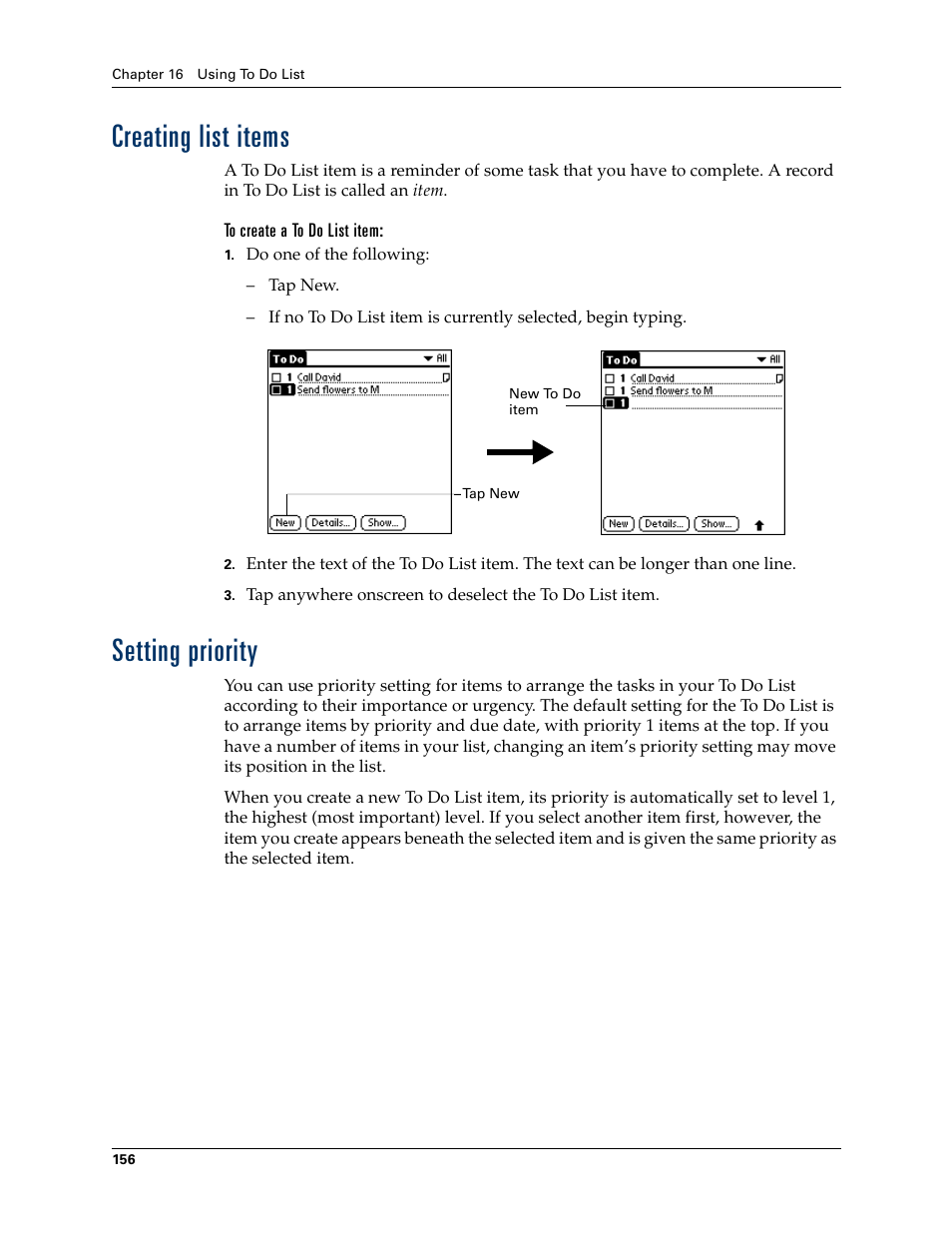 Creating list items, Setting priority, Creating list items setting priority | Palm Tungsten W User Manual | Page 170 / 428