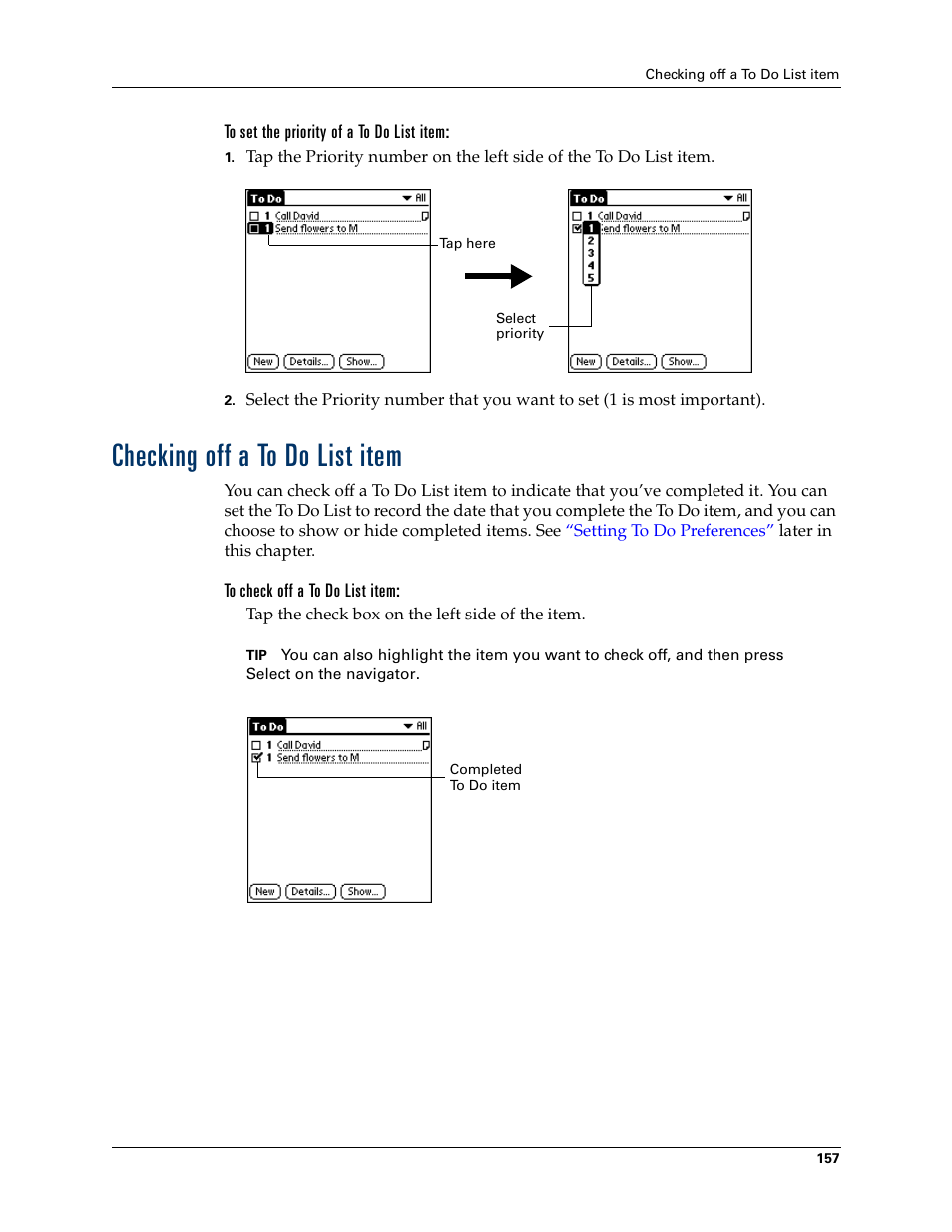 Checking off a to do list item | Palm Tungsten W User Manual | Page 171 / 428