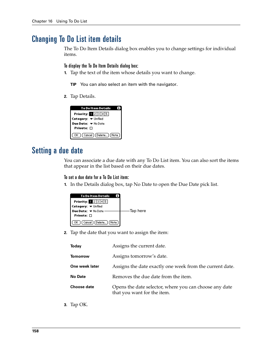 Changing to do list item details, Setting a due date, Managing mail filters | Palm Tungsten W User Manual | Page 172 / 428