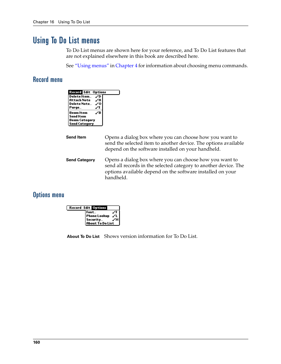 Using to do list menus, Record menu, Options menu | Record menu options menu | Palm Tungsten W User Manual | Page 174 / 428