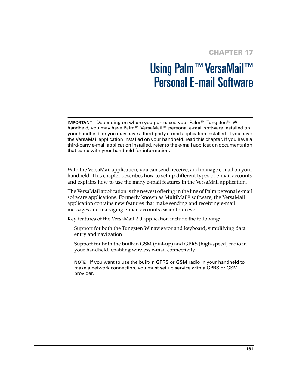 Using palm™ versamail™ personalemailsoftware, Using palm, Versamail | Personal e-mail software | Palm Tungsten W User Manual | Page 175 / 428