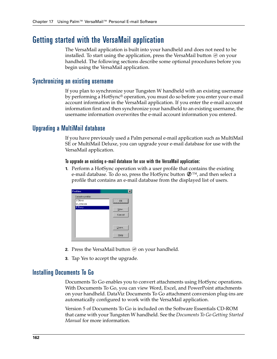 Getting started with the versamail application, Synchronizing an existing username, Upgrading a multimail database | Installing documents to go | Palm Tungsten W User Manual | Page 176 / 428