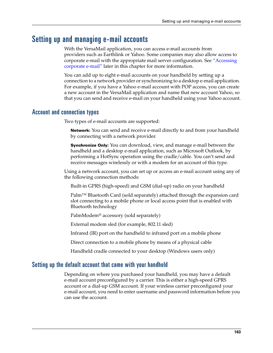 Setting up and managingemailaccounts, Account and connection types, Setting up and managing e-mail accounts | Palm Tungsten W User Manual | Page 177 / 428