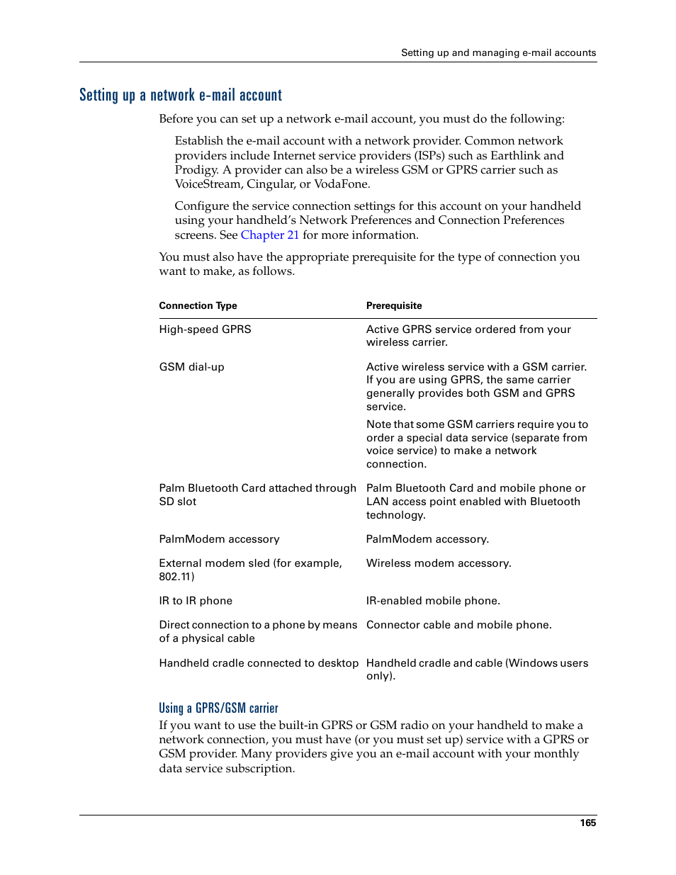 Setting up a network e-mail account, Using a gprs/gsm carrier | Palm Tungsten W User Manual | Page 179 / 428