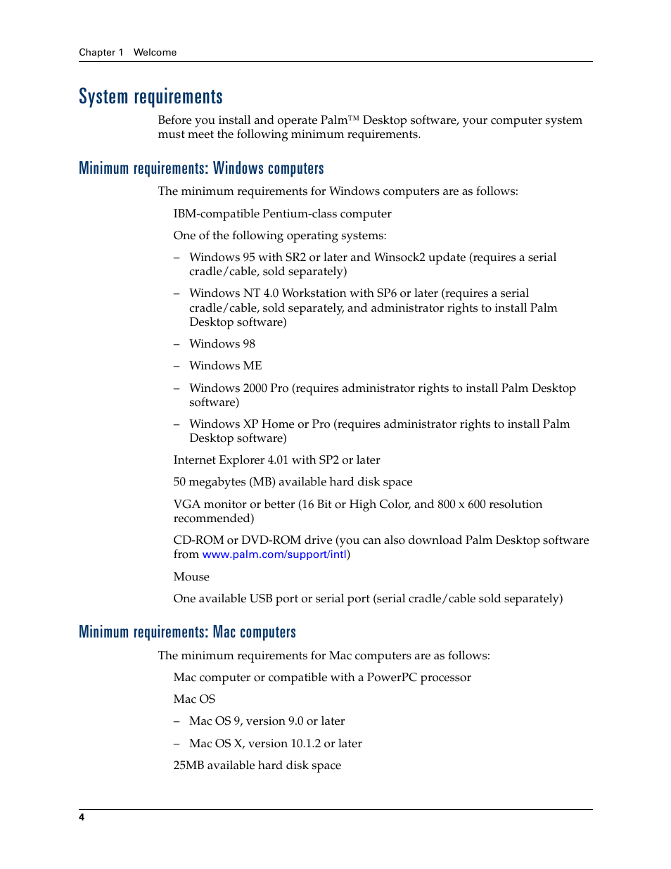System requirements, Minimum requirements: windows computers, Minimum requirements: mac computers | Palm Tungsten W User Manual | Page 18 / 428