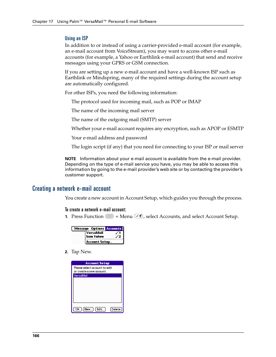 Using an isp, Creating a network e-mail account | Palm Tungsten W User Manual | Page 180 / 428