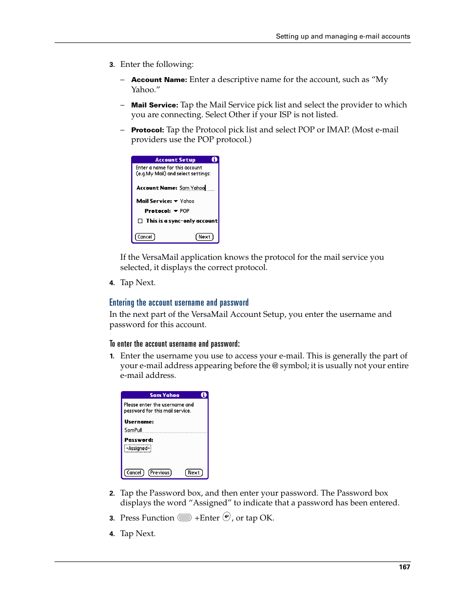 Entering the account username and password | Palm Tungsten W User Manual | Page 181 / 428