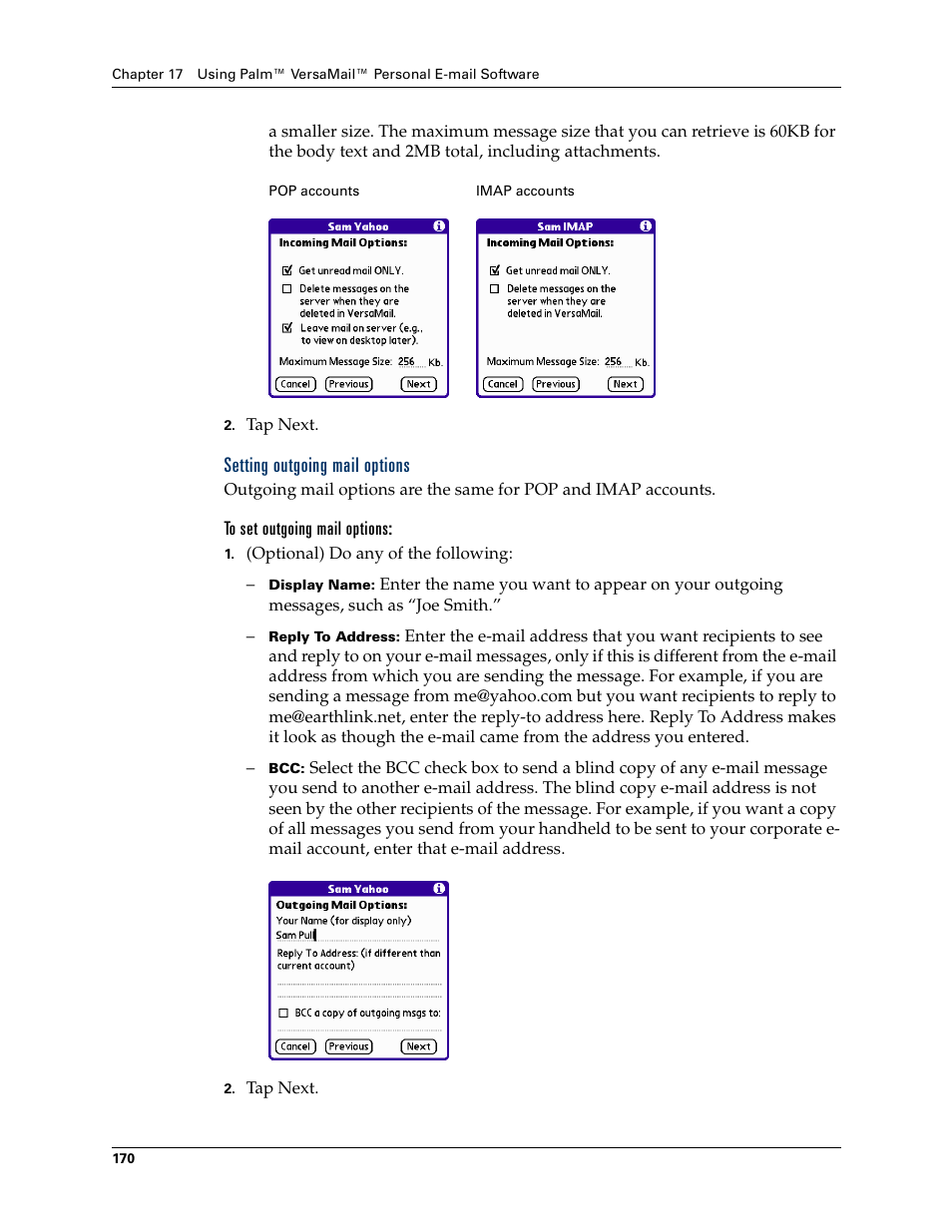 Setting outgoing mail options | Palm Tungsten W User Manual | Page 184 / 428