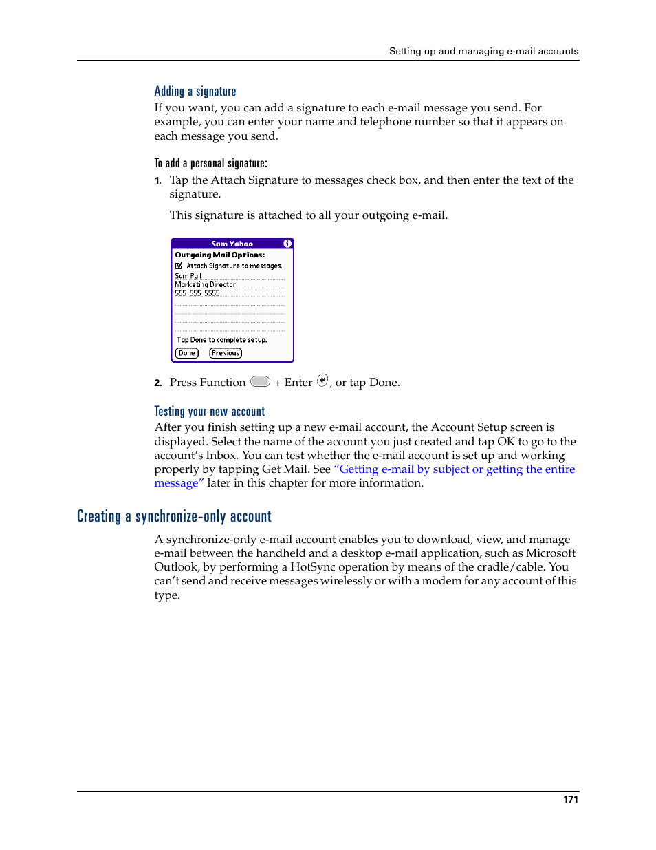 Adding a signature, Testing your new account, Creating a synchronize-only account | Palm Tungsten W User Manual | Page 185 / 428