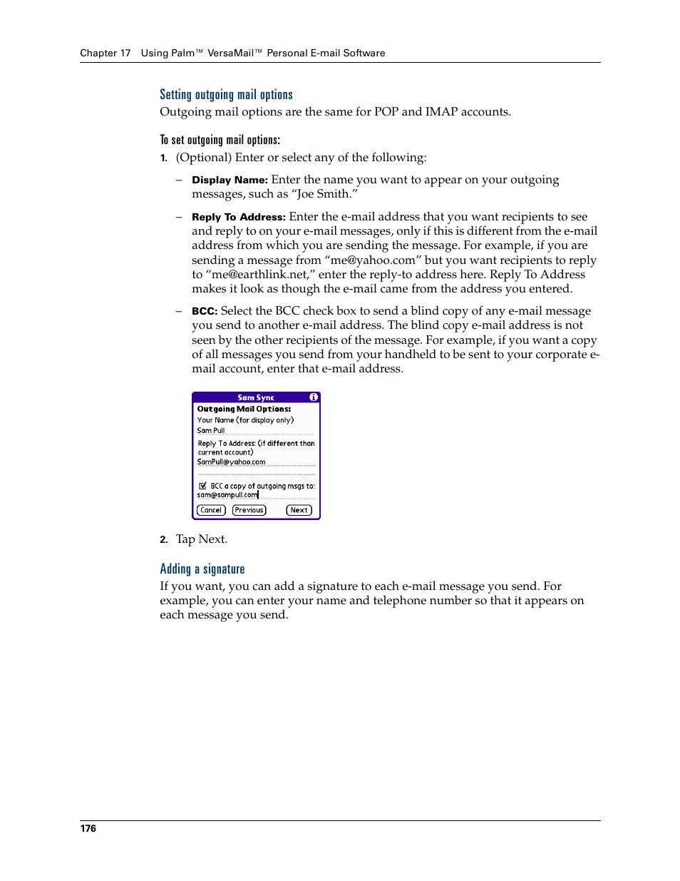 Setting outgoing mail options, Adding a signature | Palm Tungsten W User Manual | Page 190 / 428