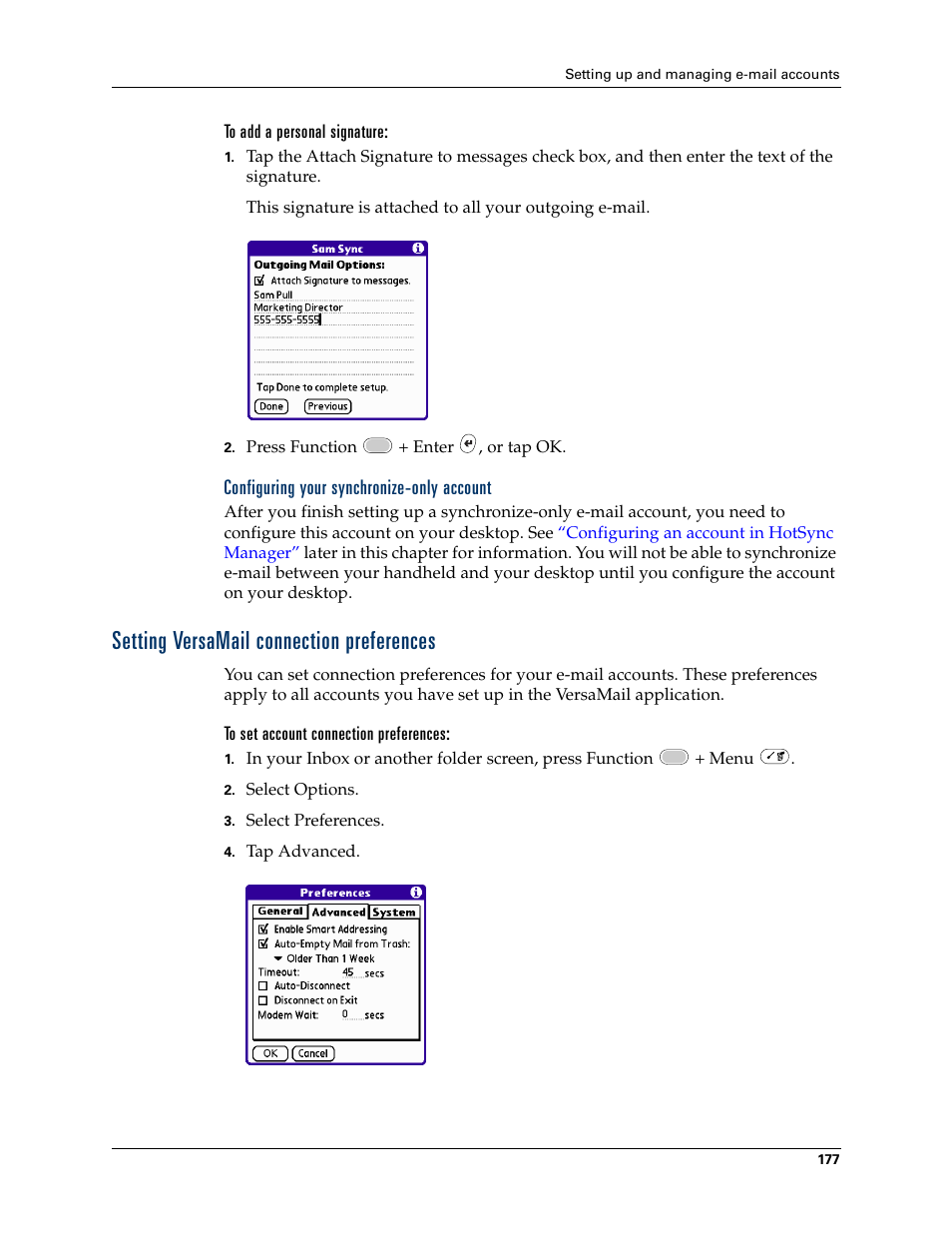 Configuring your synchronize-only account, Setting versamail connection preferences | Palm Tungsten W User Manual | Page 191 / 428