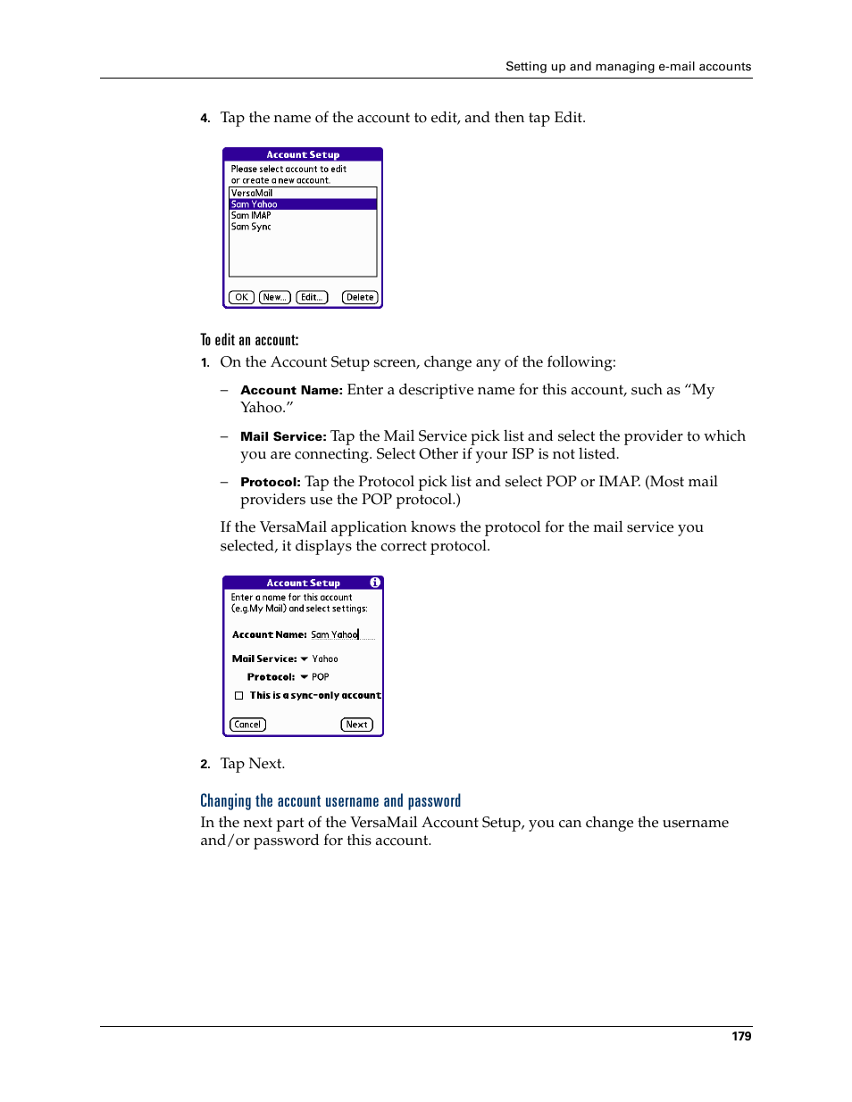 Changing the account username and password | Palm Tungsten W User Manual | Page 193 / 428