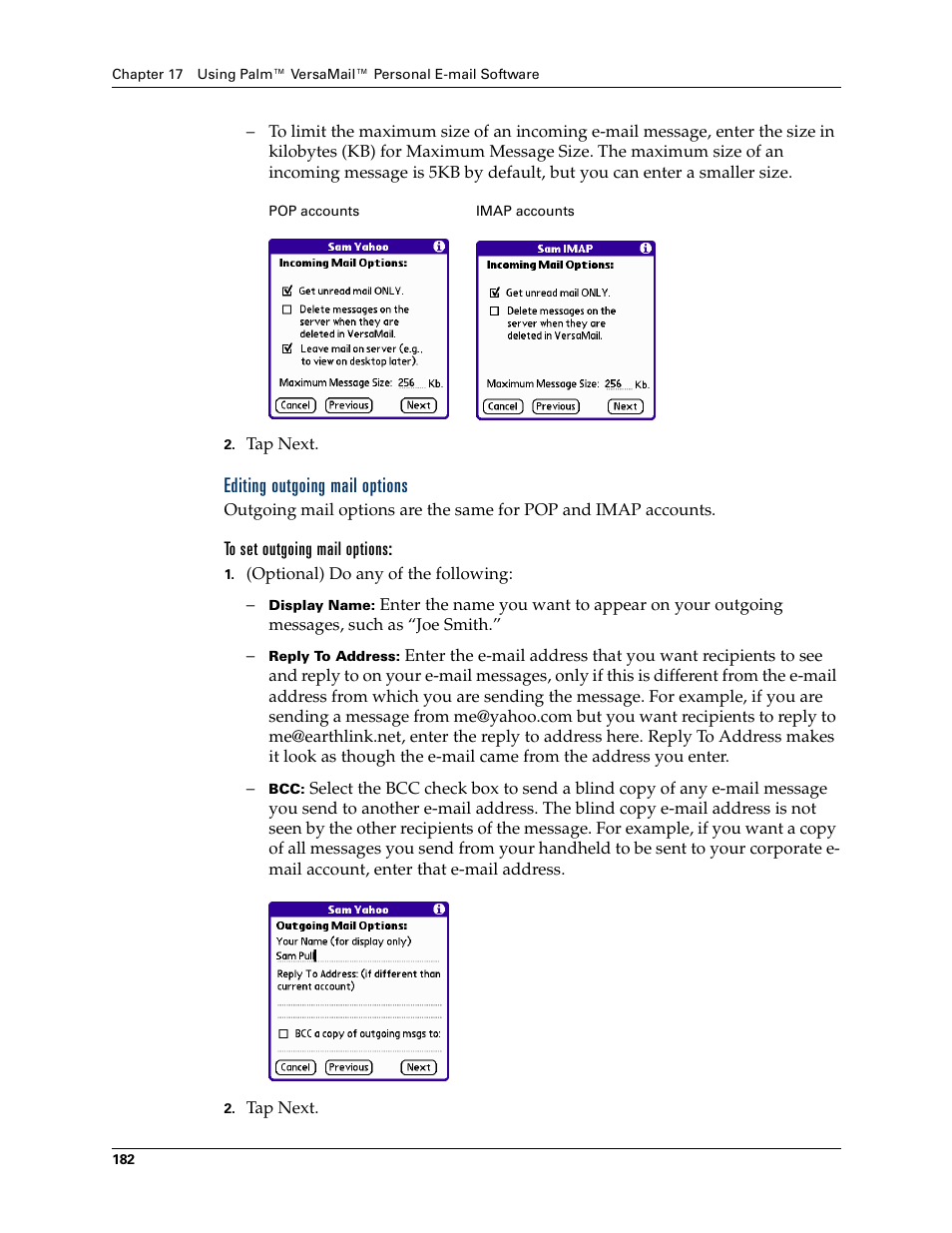 Editing outgoing mail options | Palm Tungsten W User Manual | Page 196 / 428