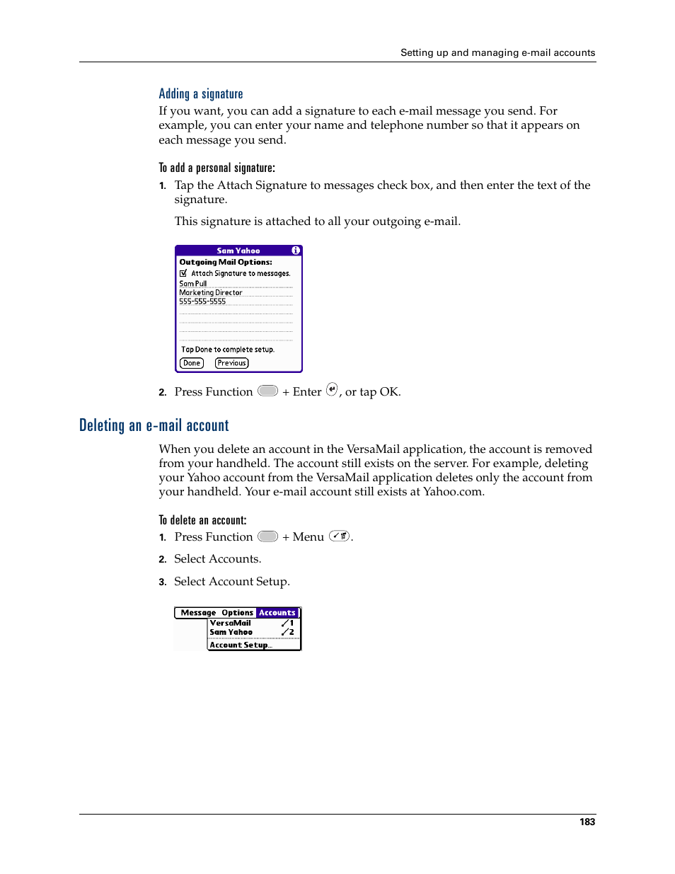 Adding a signature, Deleting an e-mail account | Palm Tungsten W User Manual | Page 197 / 428