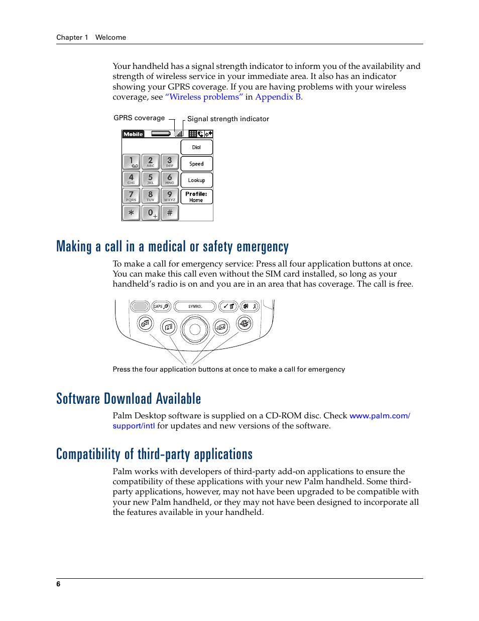 Making a call in a medical or safety emergency, Software download available, Compatibility of third-party applications | Palm Tungsten W User Manual | Page 20 / 428