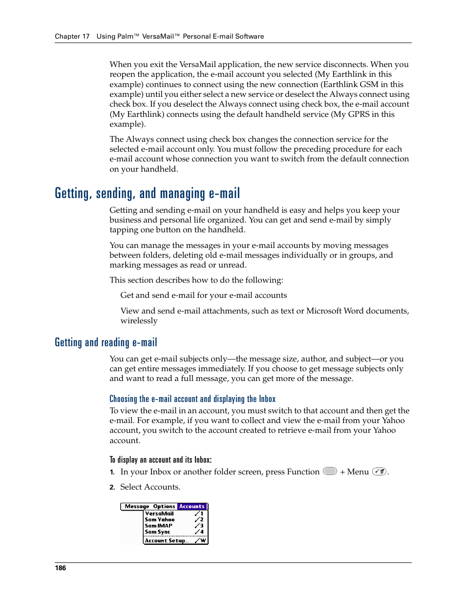 Getting, sending, andmanaging e-mail, Getting and reading e-mail, Getting, sending, and managing e-mail | Palm Tungsten W User Manual | Page 200 / 428