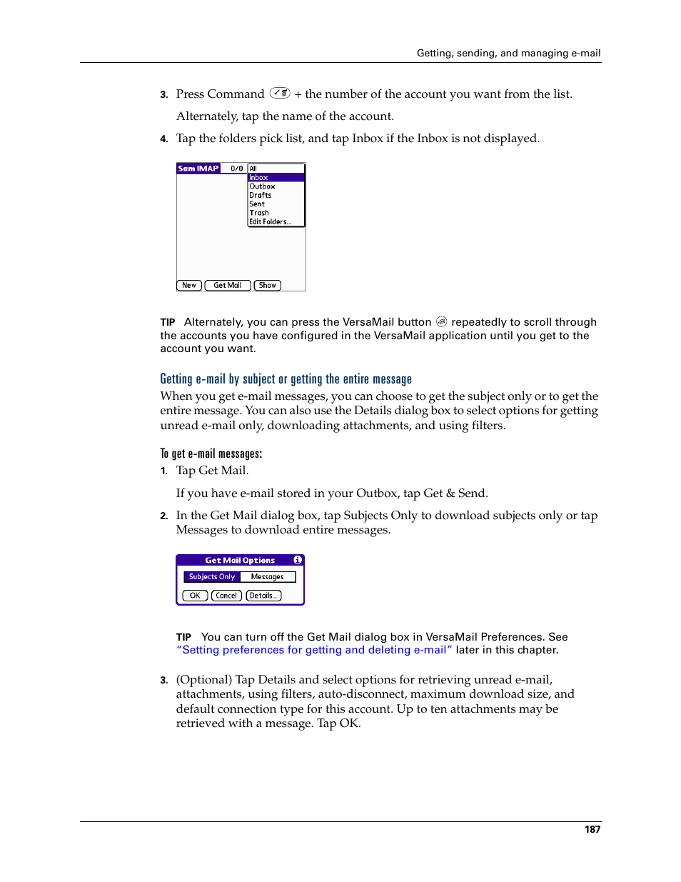 Getting e-mail by subject or getting the entire, Message, Late | Palm Tungsten W User Manual | Page 201 / 428