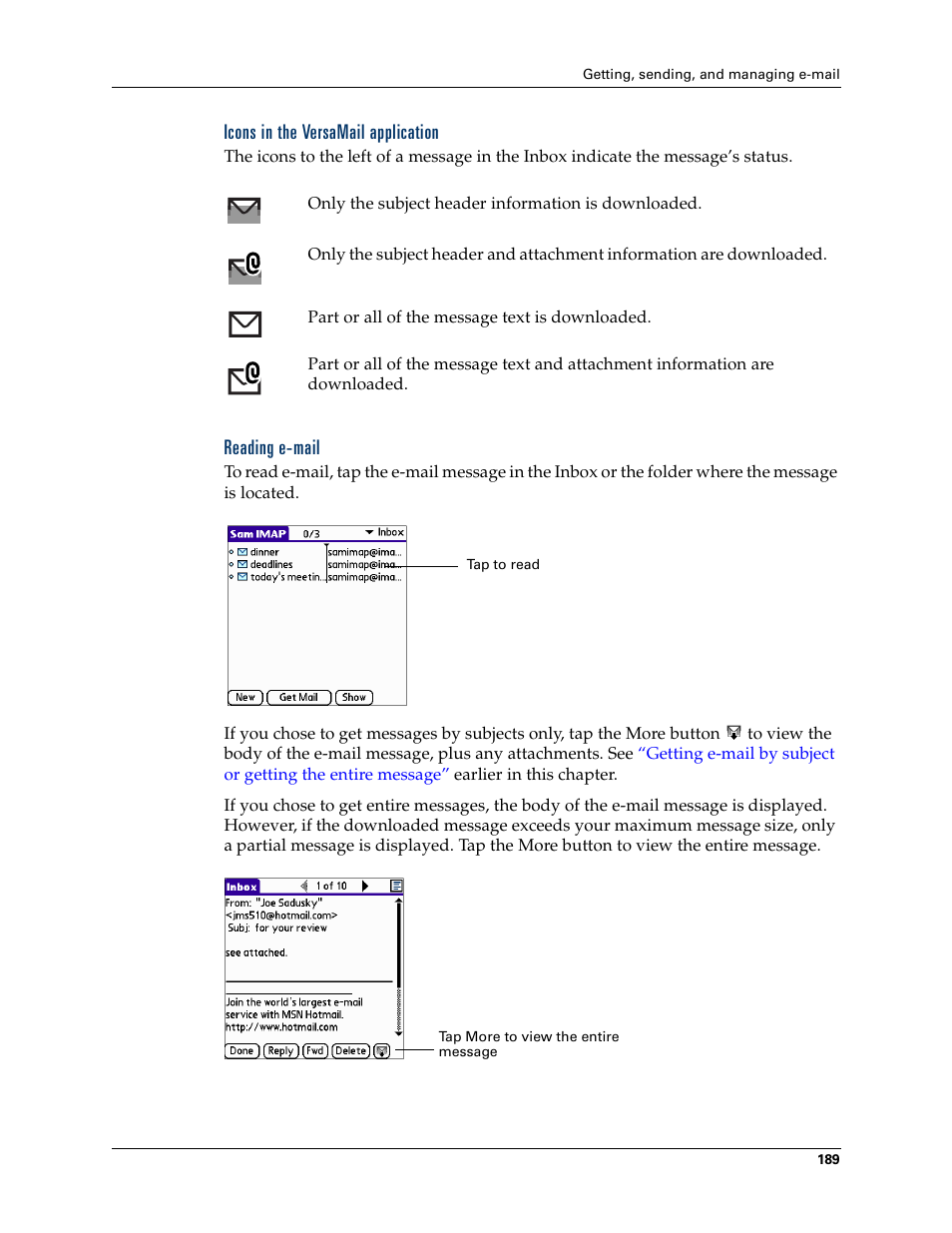 Icons in the versamail application, Reading e-mail | Palm Tungsten W User Manual | Page 203 / 428