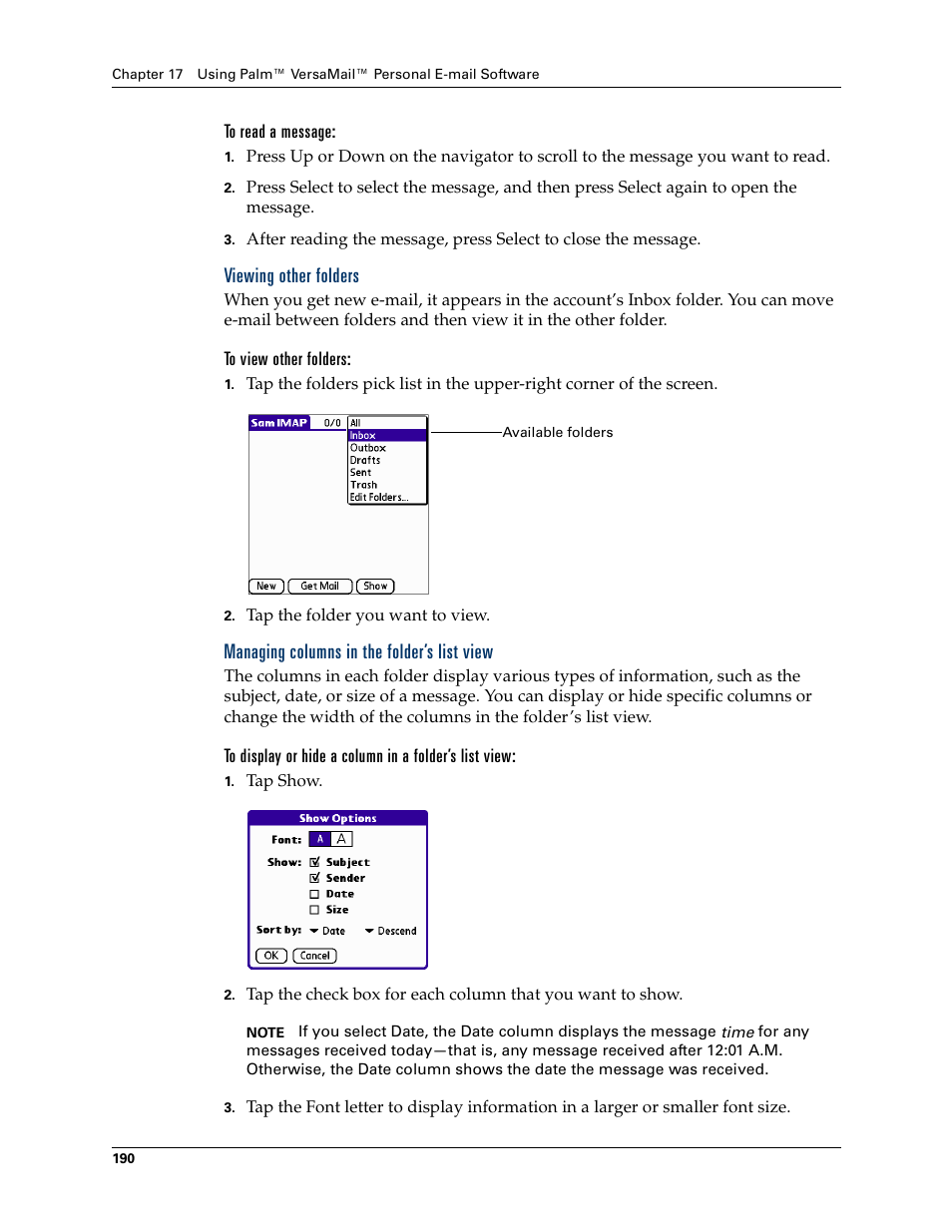 Viewing other folders, Managing columns in the folder’s list view | Palm Tungsten W User Manual | Page 204 / 428