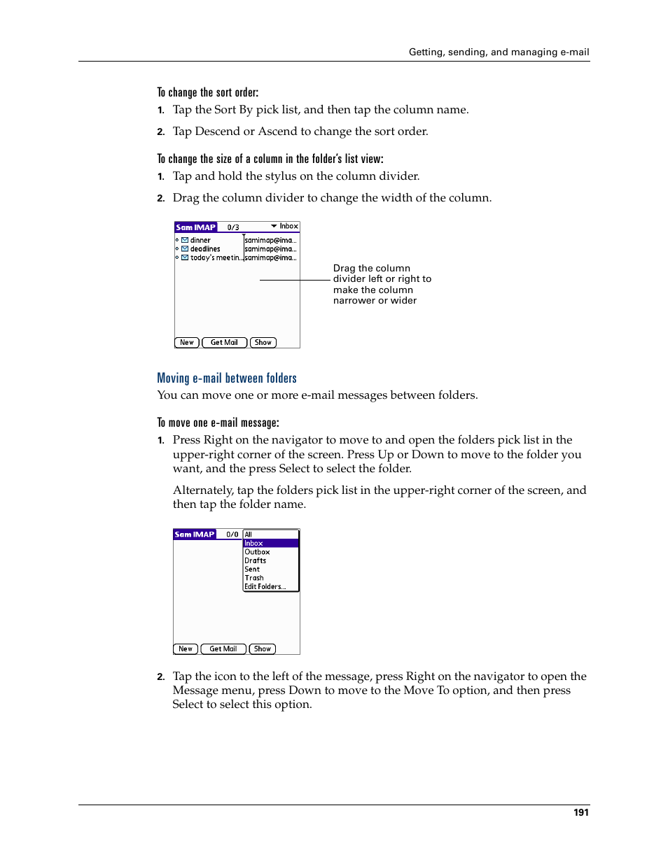 Moving e-mail between folders | Palm Tungsten W User Manual | Page 205 / 428