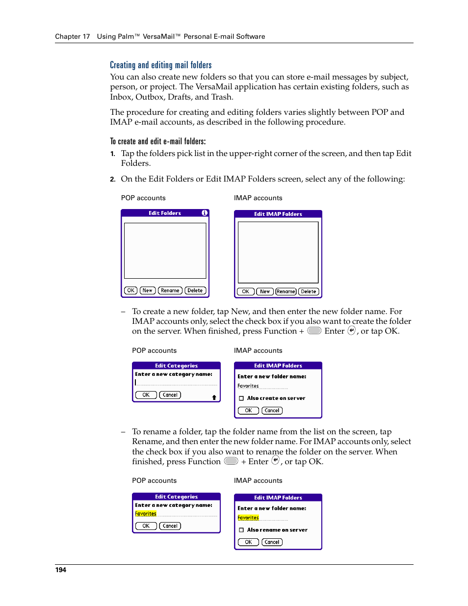 Creating and editing mail folders | Palm Tungsten W User Manual | Page 208 / 428