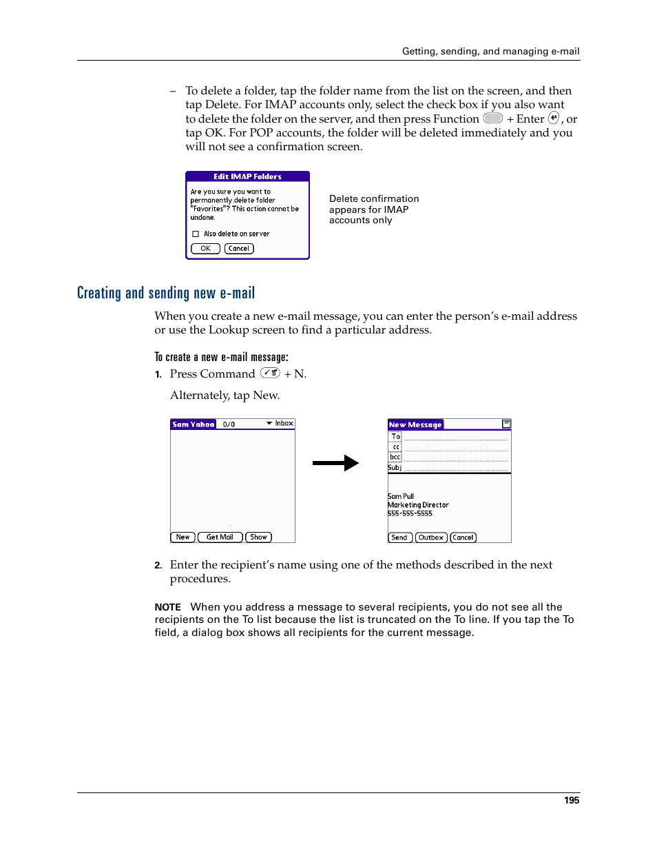 Creating and sending new e-mail | Palm Tungsten W User Manual | Page 209 / 428