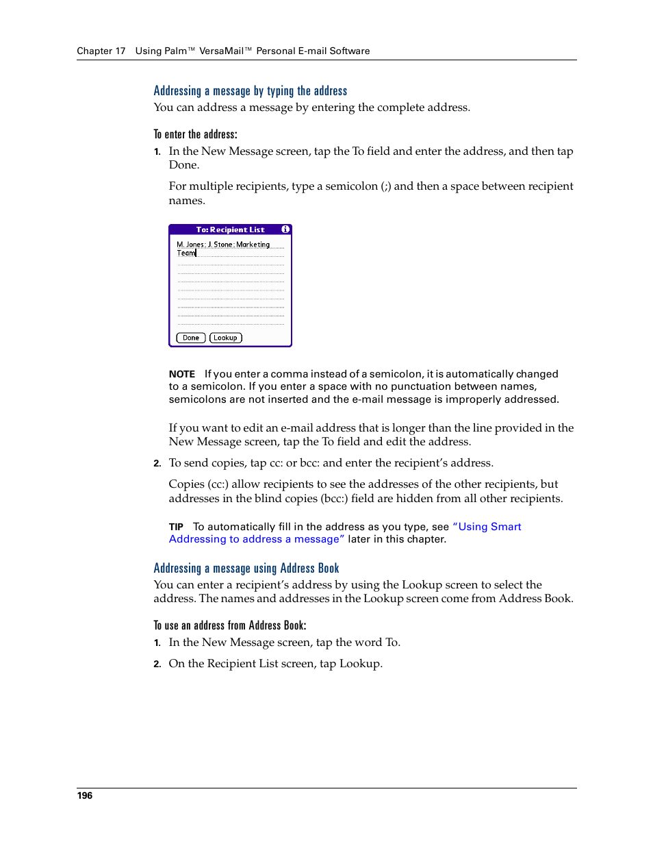 Addressing a message by typing the address, Addressing a message using address book | Palm Tungsten W User Manual | Page 210 / 428