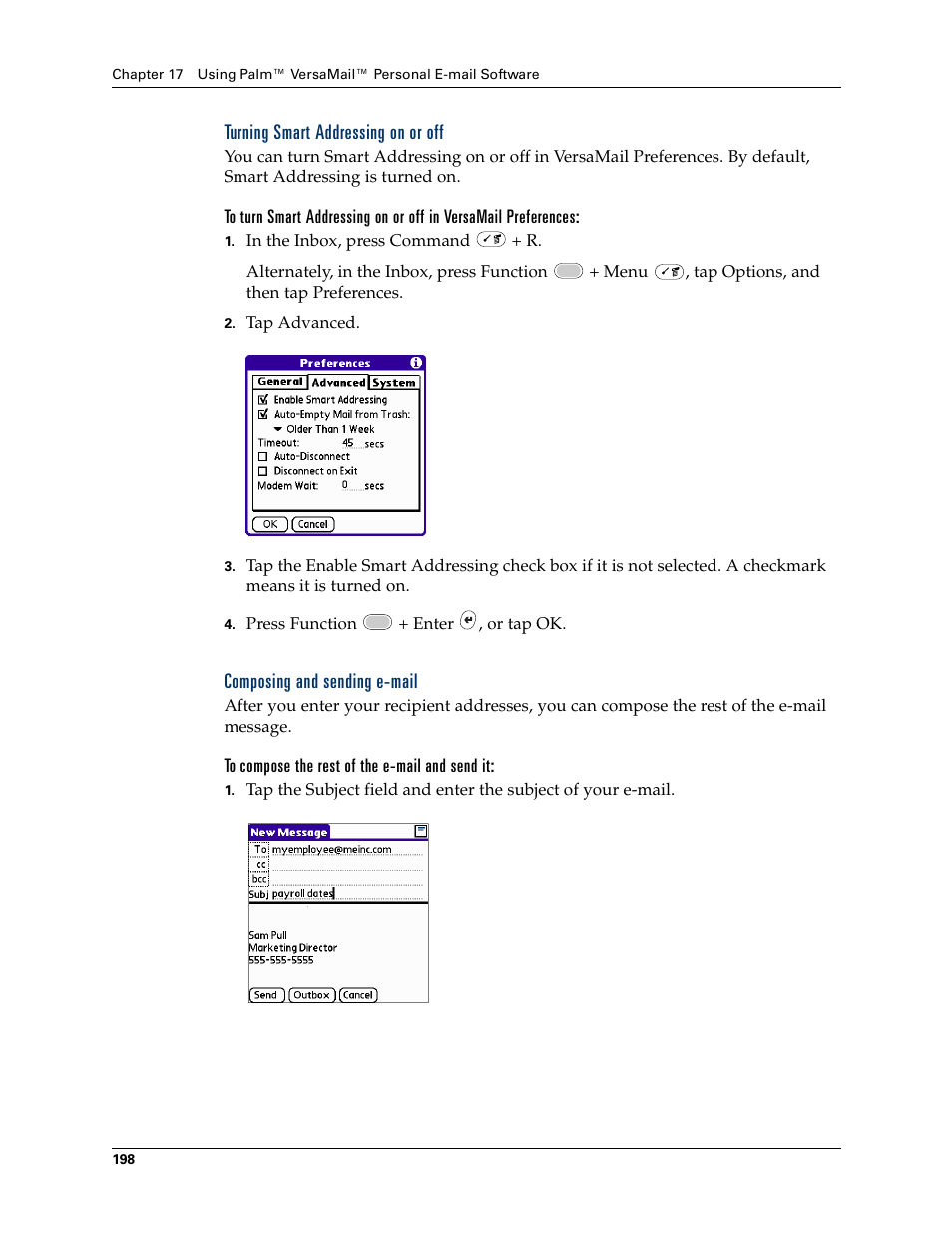 Turning smart addressing on or off, Composing and sending e-mail | Palm Tungsten W User Manual | Page 212 / 428