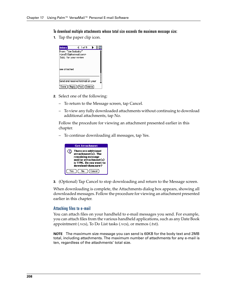 Attaching files to e-mail | Palm Tungsten W User Manual | Page 222 / 428