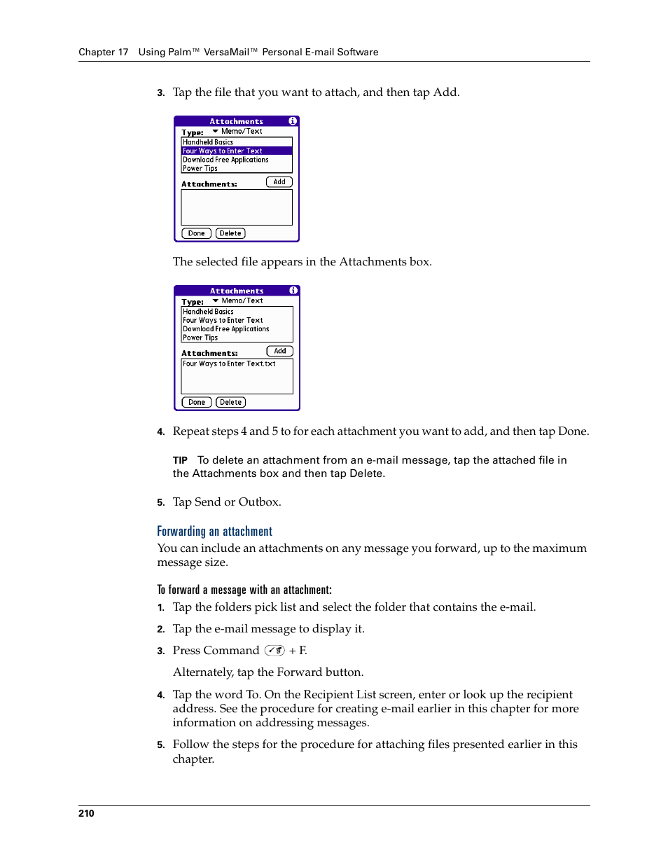 Forwarding an attachment | Palm Tungsten W User Manual | Page 224 / 428