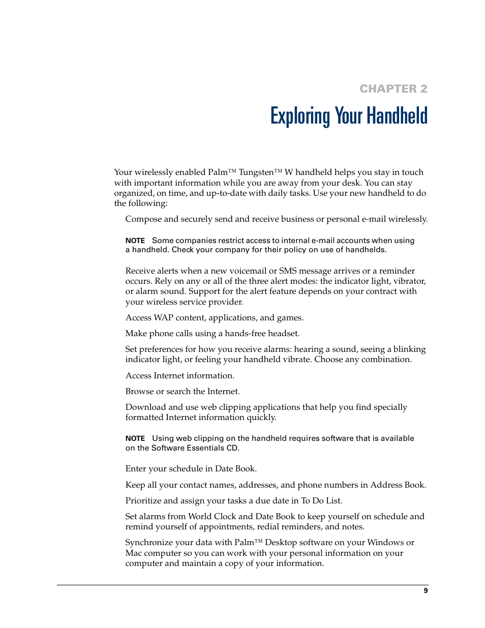 Exploring your handheld, Chapter 2: exploring your handheld, Chapter 2 | Palm Tungsten W User Manual | Page 23 / 428