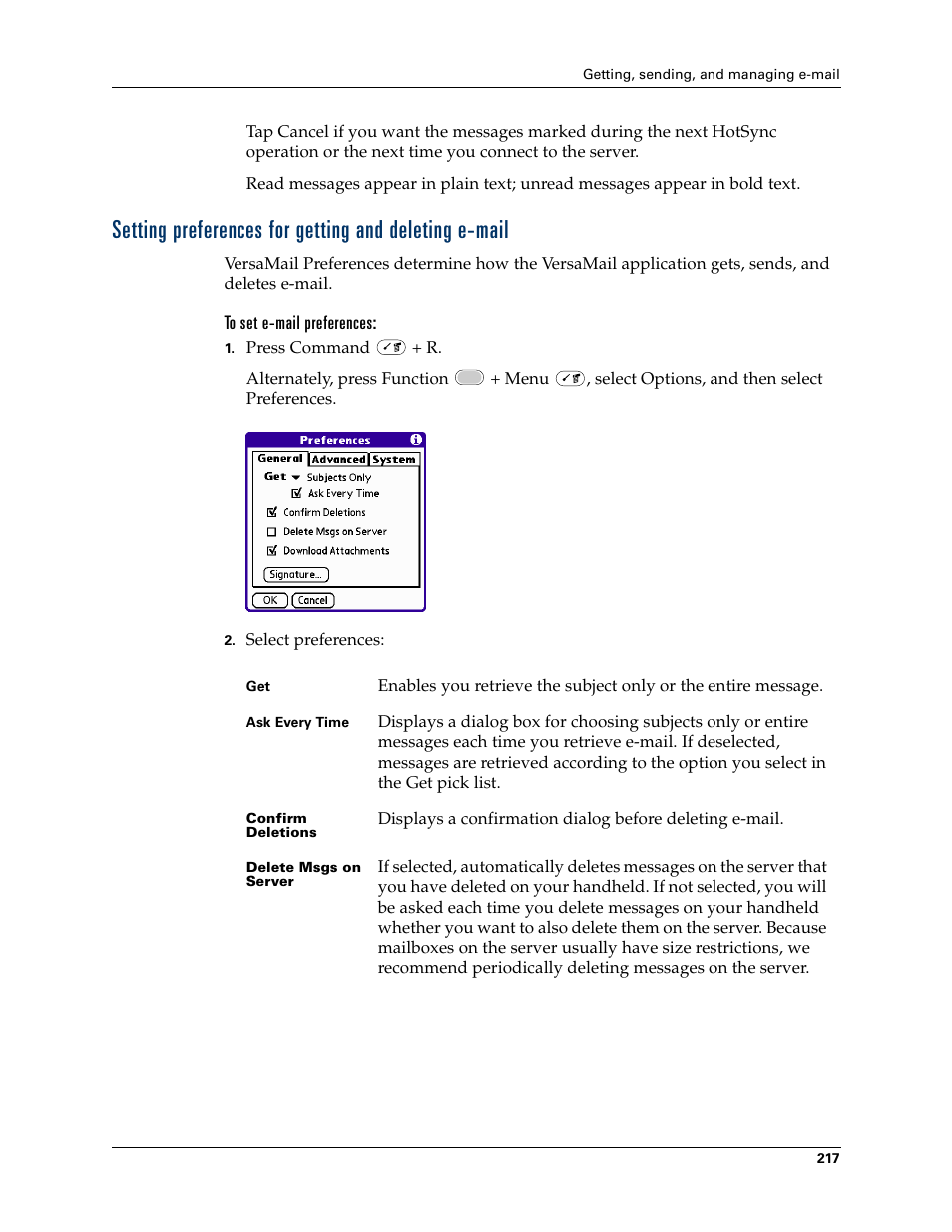 Setting preferences for getting and, Deleting e-mail | Palm Tungsten W User Manual | Page 231 / 428