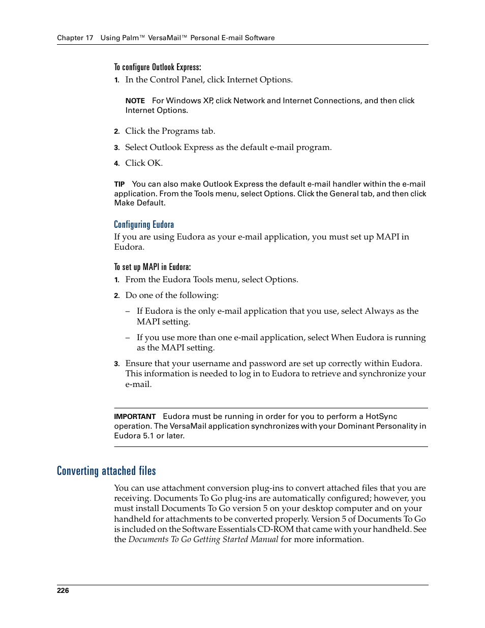 Configuring eudora, Converting attached files | Palm Tungsten W User Manual | Page 240 / 428