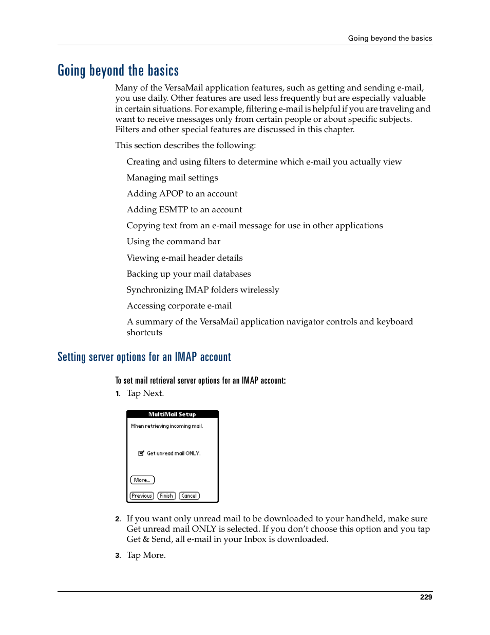 Going beyond the basics, Setting server options for an imap account | Palm Tungsten W User Manual | Page 243 / 428