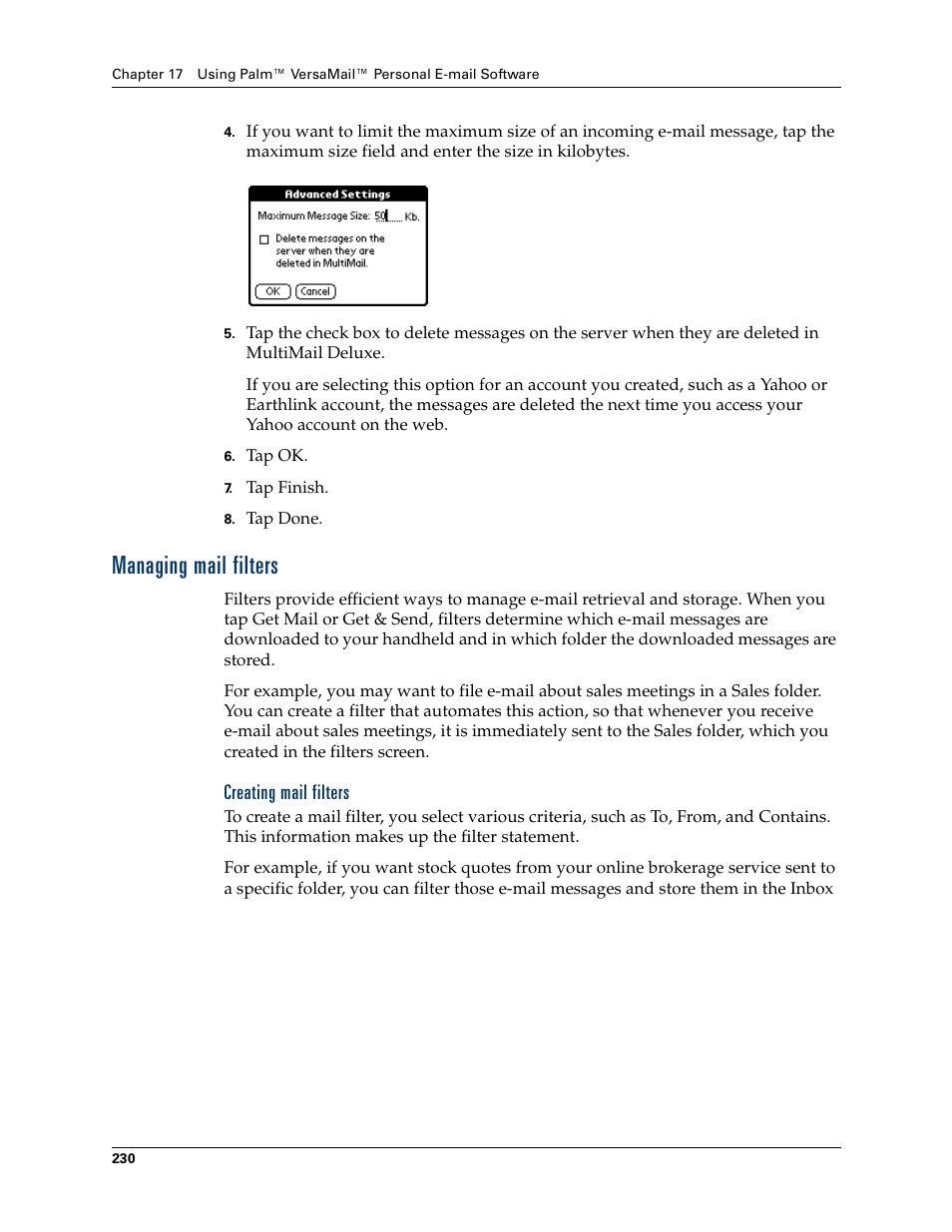 Managing mail filters, Creating mail filters | Palm Tungsten W User Manual | Page 244 / 428