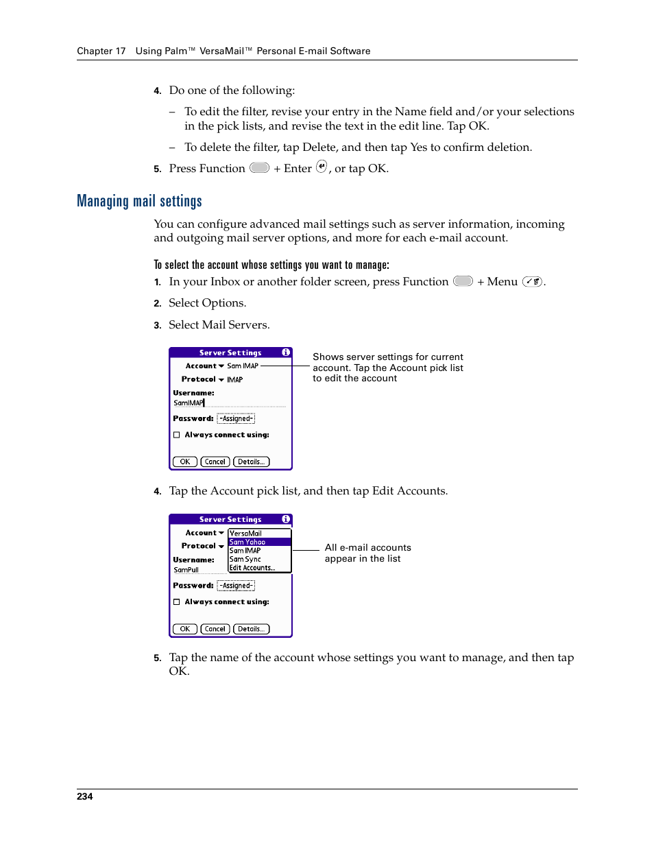 Managing mail settings | Palm Tungsten W User Manual | Page 248 / 428