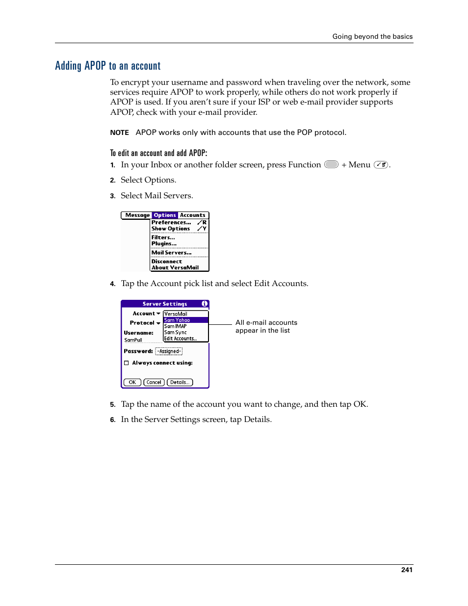 Adding apop to an account | Palm Tungsten W User Manual | Page 255 / 428