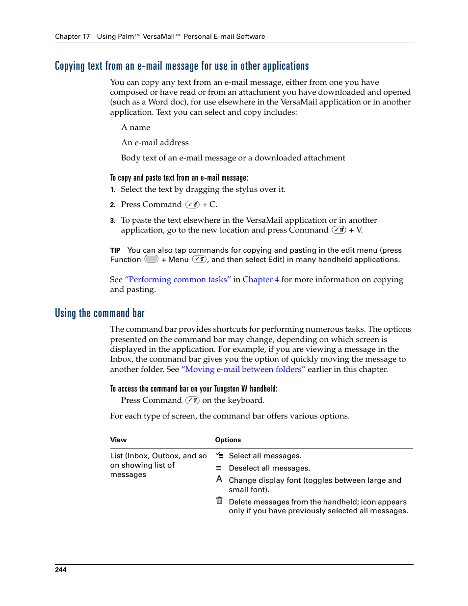 Using the command bar | Palm Tungsten W User Manual | Page 258 / 428