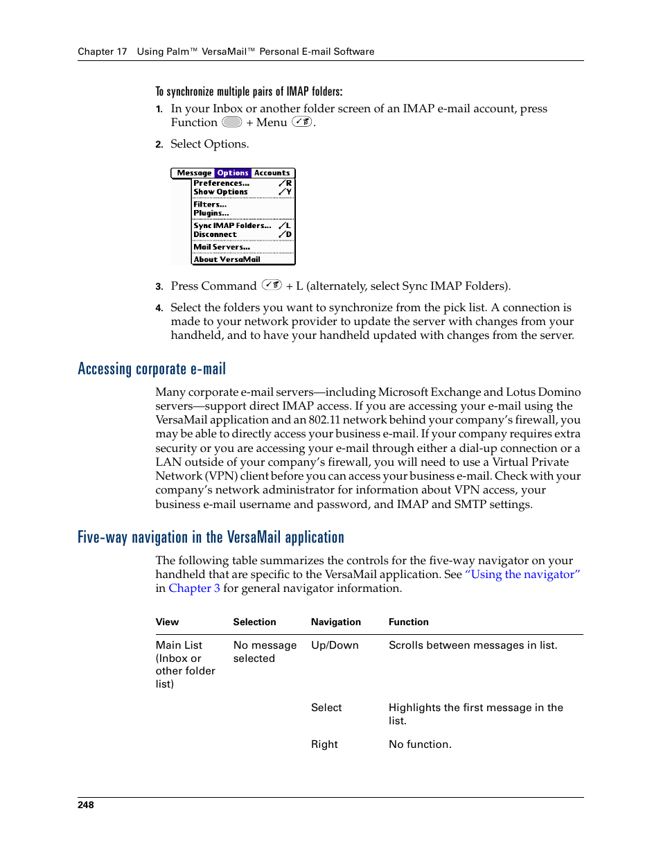 Accessing corporate e-mail, Five-way navigation in the versamail application | Palm Tungsten W User Manual | Page 262 / 428