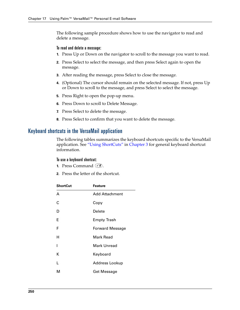 Keyboard shortcuts in the versamail application | Palm Tungsten W User Manual | Page 264 / 428