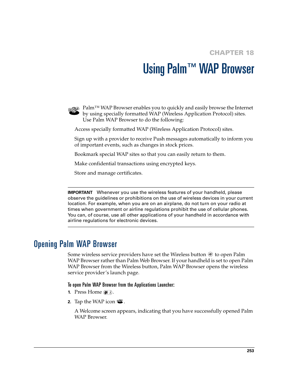 Using palm™ wap browser, Opening palm wap browser, Chapter 18: using palm™ wap browser | Using palm, Wap browser | Palm Tungsten W User Manual | Page 267 / 428