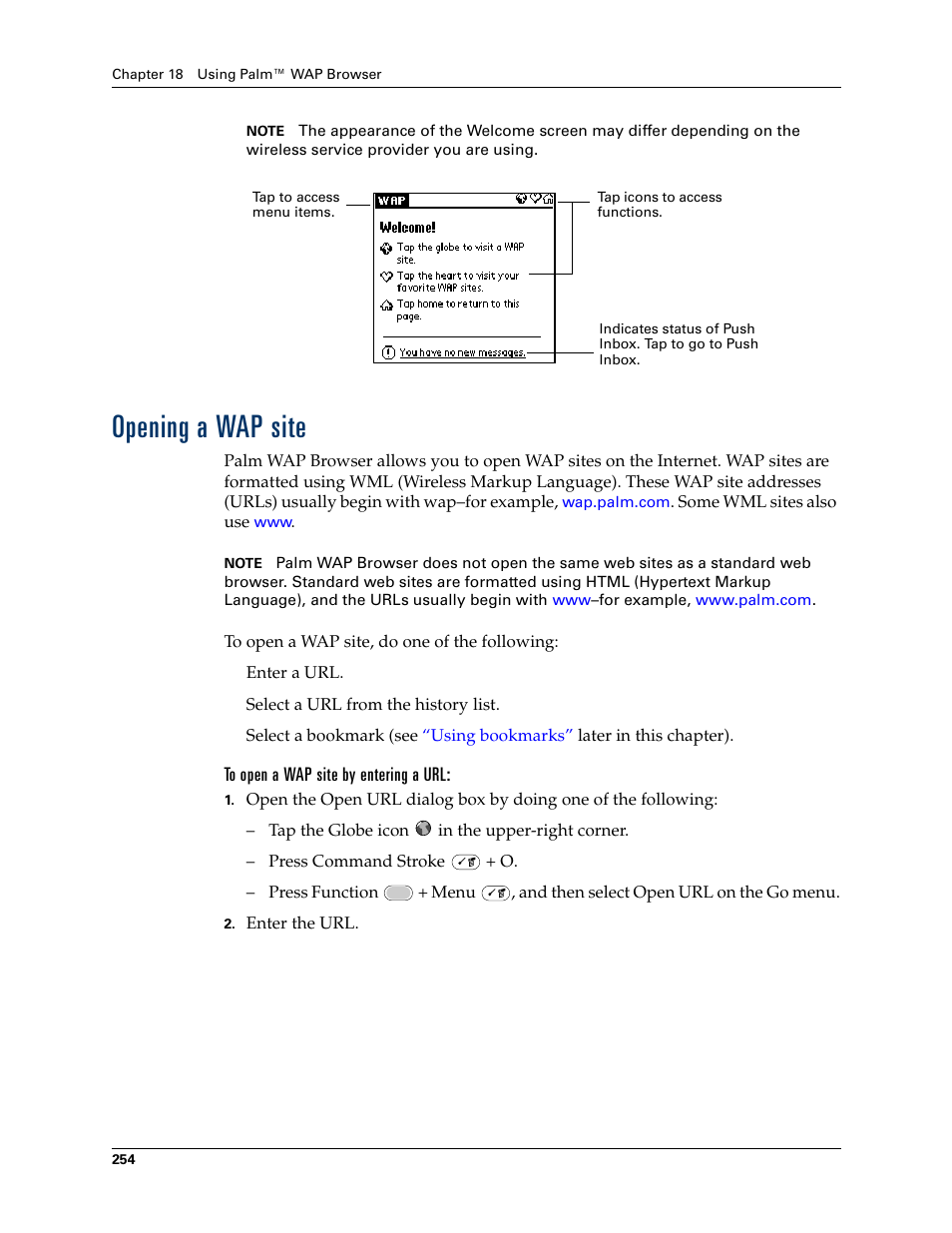 Opening a wap site | Palm Tungsten W User Manual | Page 268 / 428