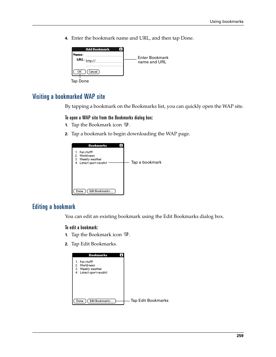 Visiting a bookmarked wap site, Editing a bookmark, Visiting a bookmarked wap site editing a bookmark | Palm Tungsten W User Manual | Page 273 / 428