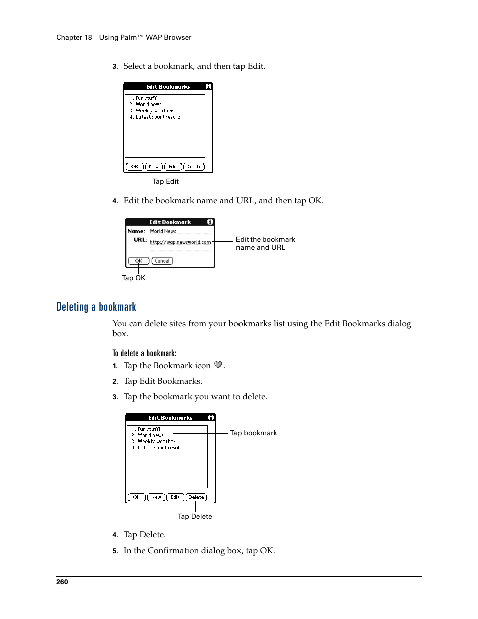 Deleting a bookmark | Palm Tungsten W User Manual | Page 274 / 428