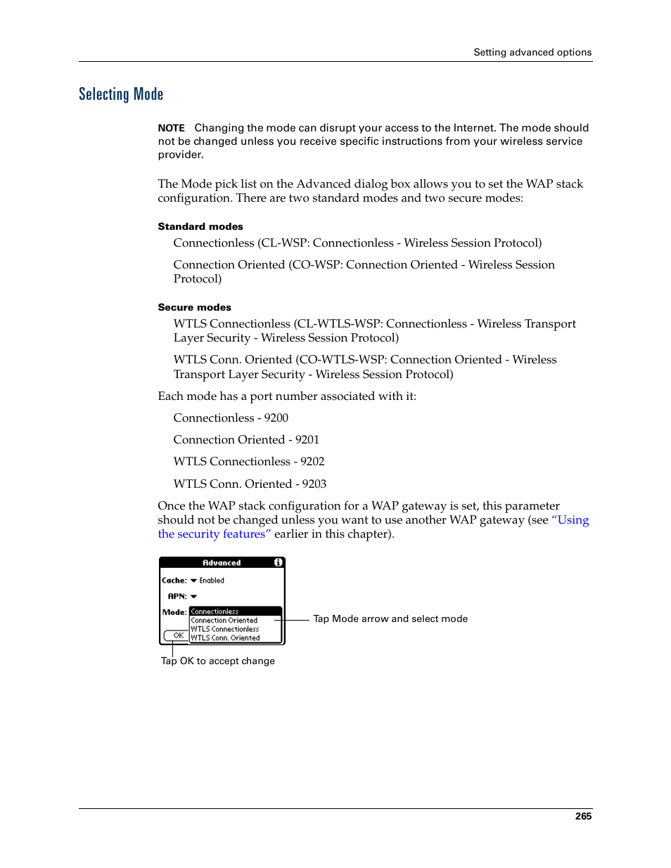 Selecting mode | Palm Tungsten W User Manual | Page 279 / 428