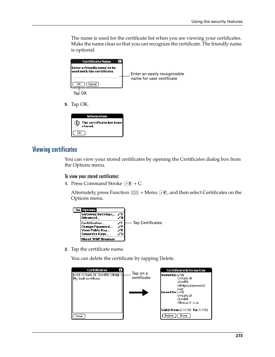 Viewing certificates | Palm Tungsten W User Manual | Page 287 / 428